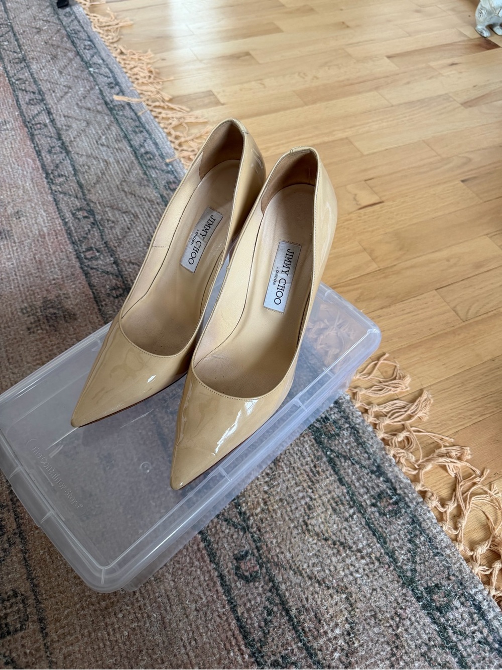 Jimmy Choo Beige Patent Leather Pointed-Toe Pumps